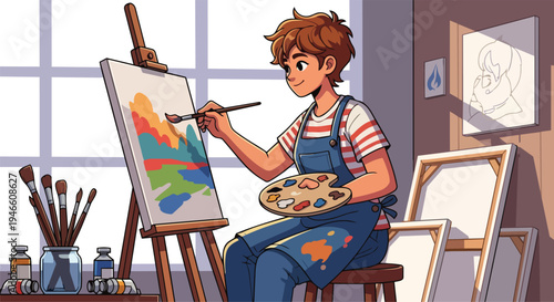 Young artist passionately painting a colorful landscape on canvas with a palette and brushes in a sunlit studio setting, illustrating creativity and artistic expression