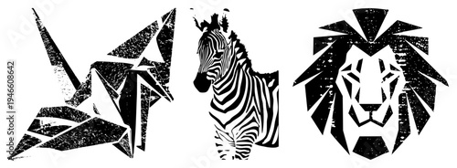 Stylized animal rendered as abstract geometric shapes with distressed texture, origami inspired crane, zebra stripes, lion mane, vector design, graphic emblem.