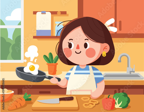 Charming illustration of a happy woman cooking a delicious breakfast in her bright kitchen, frying an egg with fresh ingredients, embodying domestic culinary joy and a healthy lifestyle