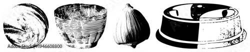Halftone styled vector illustrations of textured spheres, woven baskets, garlic bulbs, and segmented bowls isolated graphic elements with bold and grainy shading effects.