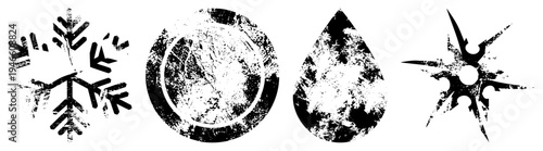 Distressed vector snowflake, circular orb, teardrop, starburst., textured, weathered design. Ideal for UI, print, or graphic.