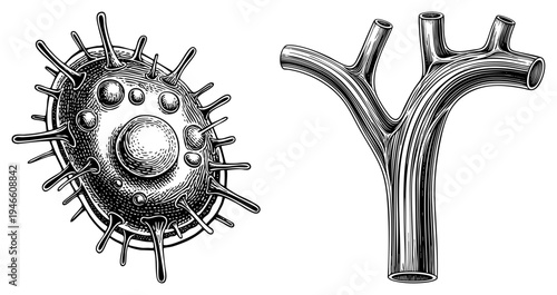 Microscopic virus illustration with glycoprotein and respiratory bronchus branching, medical vector art, biological science diagram, isolated anatomy cutout.