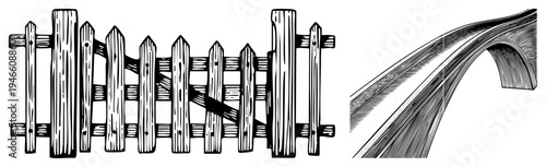 Detailed vector sketches of rustic wooden picket fence and bridge, halftone shading, engraved art, architectural elements, isolated foreground graphics.