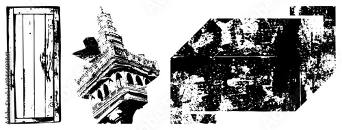 Classic wooden door with iron handle, intricate architectural cornice, textured stone wall all vector cutouts. Perfect for design, illustration, or UI elements.