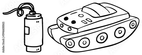 Child friendly black and white art of a tank and fire extinguisher, ideal for educational activities, safety learning, or military themed crafts.