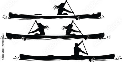 Canoe paddler silhouettes collection, kayaking sport action vector illustration set isolated on white background, water adventure competition concept