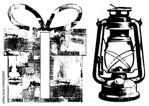 Retro gift package with ribbon bow, antique oil lamp, vintage illustration, black and white, textured halftone effect, isolated objects, nostalgic design.