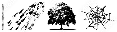 Raindrops diagonally, full canopy tree silhouette, radial spiderweb design, isolated vector, black and white graphic elements.