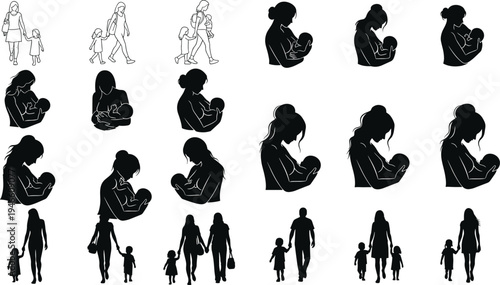 Mother and child silhouettes collection, family walking, parenting moments, black vector illustration set isolated on white background love care bonding