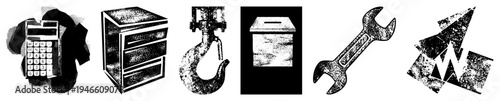 Retro calculator, filing cabinet, crane hook, ballot box, wrench, abstract arrow halftone vector for design, tech, office, or industrial themes.