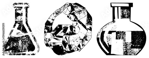 Scientific glass containers including Erlenmeyer flask, broken crystal sphere, round bottom flask, stylized lab equipment, vector design.