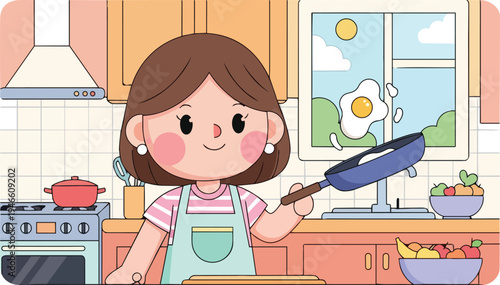 Cheerful young woman skillfully prepares a delicious breakfast, expertly flipping a perfect egg in a bright and inviting kitchen scene, embodying a joyful and healthy morning routine