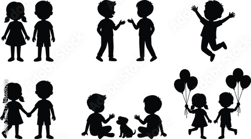 Cute children friendship silhouette set, kids talking jumping holding hands with balloons and puppy black vector isolated illustration collection