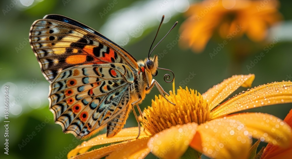 Obraz premium A vibrant butterfly with intricate patterns on its wings, perched on a yellow flower with orange centers, surrounded by green foliage and a blurred background of trees and flowers.
