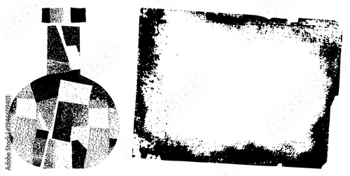 Stylized graphic elements featuring fragmented forms, halftone dot, and distressed borders. Modern art composition with bold black and white contrast, ideal for digital design or print.