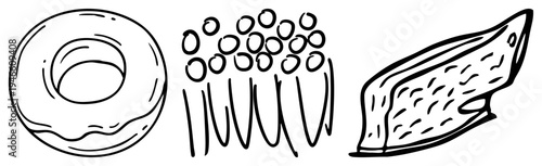 Simple art of breakfast foods glazed donut, roasted coffee beans, and textured toast, minimalist style, food, morning meal.