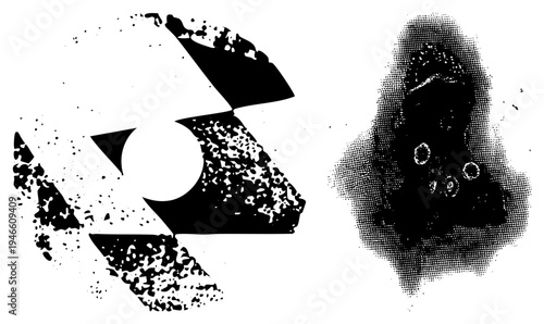 Stylized vector forms with fragmented edges, halftone shading, and speckled noise texture, abstract graphic design, minimalist composition.