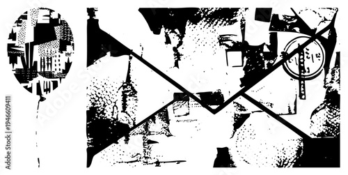Fragmented urban with halftone textures, bold geometric, stylized architecture, vector art composition, black and white graphic design.