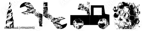 Set of distressed tool symbols including drill, wrench, dump truck, and hex grid,, gritty texture, mechanical, vector graphic.