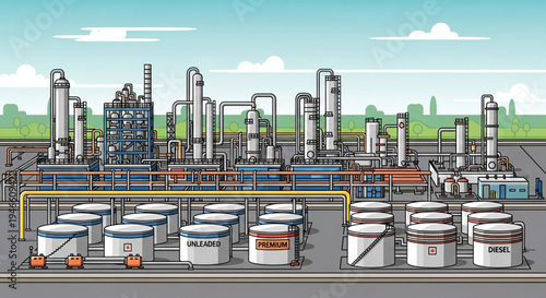 Detailed Illustration of a Large Industrial Oil Refinery Complex.