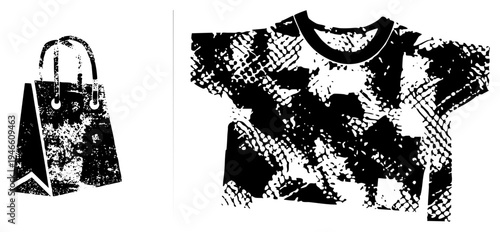 Distressed shopping bag with handles, grunge texture, and t shirt with bold snake skin, both in vector art.