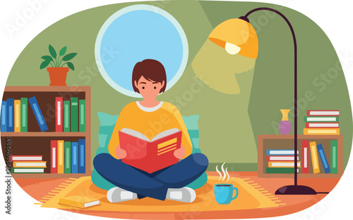 Young man enjoying a peaceful evening reading a captivating book in his cozy and well-lit living room, surrounded by comforting home decor