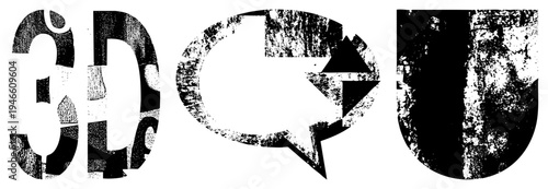 Distressed 3D typography, speech bubble, and uppercase U letter, all rendered with gritty halftone texture, ideal for urban graphic design, posters, or digital art assets.