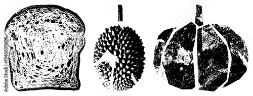 Stylized bread slice, durian fruit, pumpkin cutout, halftone texture, food graphic, isolated elements, flat design, culinary.