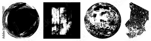 Vector graphic with textured circles, distorted grids, pixelated spheres, and fragmented forms. Artistic compositions. Abstract design elements for creative projects.