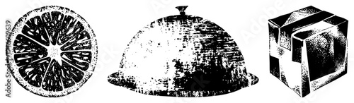 Graphic trio citrus section, food dome cover, geometric cube, rendered in halftone dot, vector art, isolated elements.