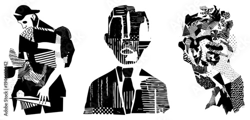 Three stylized human silhouettes rendered in black and white, constructed from fragmented geometric shapes and halftone textures, vector art, graphic design, modern illustration.
