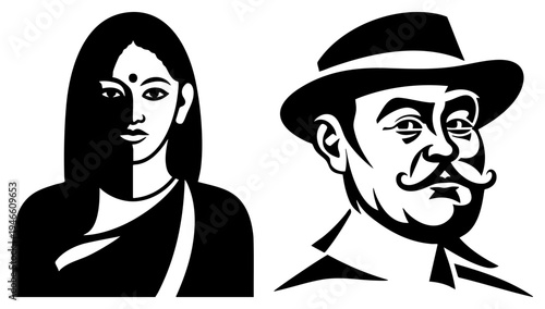 Bold vector illustration of a man with mustache and hat and a woman with bindi, both in high contrast silhouette style, graphic design, isolated characters.