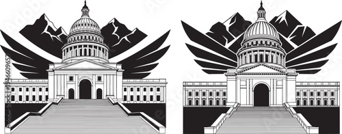 Silhouette of a majestic capitol building with wings and mountains, symbolizing government and authority