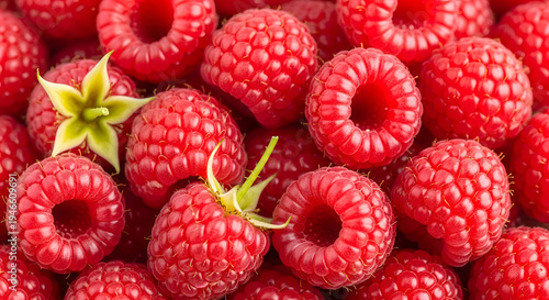Vibrant, fresh raspberries in a close-up arrangement, showcasing their textured surface and rich red color, with delicate green calyxes adding a natural touch to the composition.