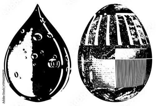 Graphic vector of water droplet and egg rendered in halftone, black and white, isolated design, artistic texture, symbolic representation.