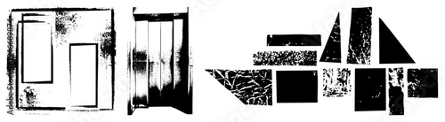 Fragmented vector shapes with distressed texture, minimalist composition, modern art elements, graphic design motifs, abstraction.