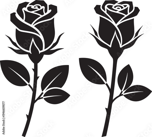 Rose flower silhouette, vector art of a single rose bloom with leaves and stem, romantic symbol, Black And White, Line Art, Elegant Flower, Symbolic Flower, Floral Design