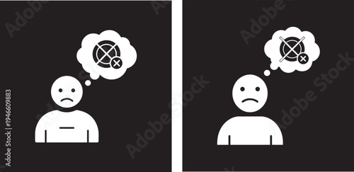 Person thinking with negative thought bubble, no idea or wrong idea concept, simple icon vector, Black And White, Thinking Process