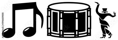 Stylized black vector of music note, drum, and dancing figure, flat design, isolated symbols for creative use, rhythm and performance theme.