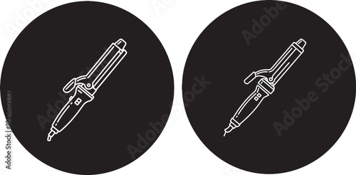 Hair Curling Iron Icons, Stylized Outline Drawing on Black Circular Background, Duo, Hair Styler, Beauty Tool, Personal Care