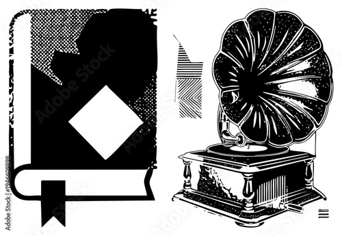 Antique gramophone with horn speaker and book with bookmark, retro illustration, vector, vintage, nostalgic elements.