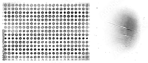 Vector halftone grid with circular dot clusters, gradient sphere dot matrix, graphic design element, print simulation, texture, visual illusion, raster effect.