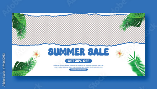 Summer Sale Promotion Web Banner Template with Tropical Beach Elements, Palm Leaves and Vacation Vibe Vector Illustration, Modern Ecommerce Header for Social Media Cover Marketing
