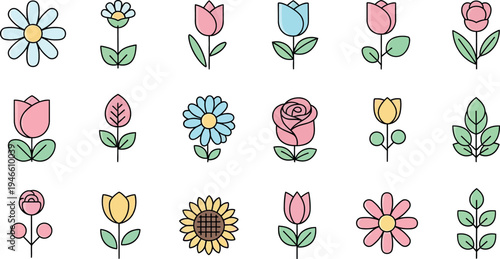 Colorful flower in various styles and colors flowers tulips roses sunflowers daisies