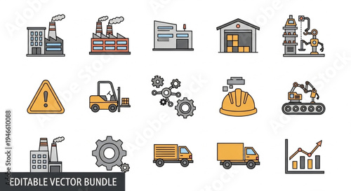 Industrial Icons - Factories, Machinery, and Logistics Vector Set.