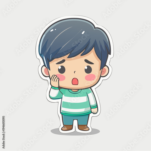 A cute kawaii character with a toothache, holding his cheek in pain, with a shocked expression on his face, in pastel colors.