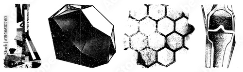 Abstract shapes including beaker, polyhedron, honeycomb, and knee joint, rendered in halftone vector style with shading and clean.