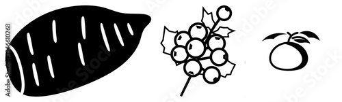 Vector fruit symbols with clean, sweet potato, grape cluster, orange fruit, minimalist design, food illustration, graphic elements.