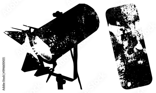 Black and white vector graphics of stage light and film strip, grunge texture, theatrical lighting, cinema equipment, stylized silhouette, retro design.