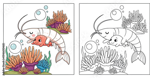 Cute cartoon shrimp and crab friends hugging underwater, happy ocean animals vector illustration, kawaii prawn cuddling little sea creature, colorful coral reef background with bubbles